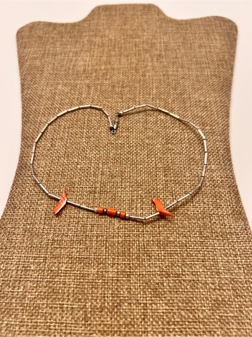Native American Silver With Coral Beads Heishi Necklace